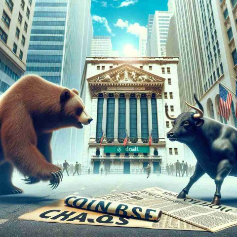 A high-definition realistic image representing a metaphoric perception of the 'Coinbase Chaos'. The picture should include a bear and a bull locked in battle in front of a stock exchange building. Follow this with visual representations of newspaper headlines indicating a big event in the financial industry.