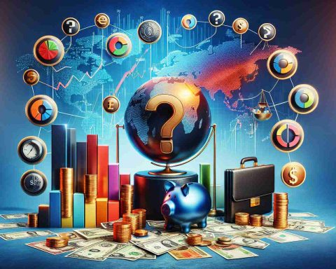 A realistic high-definition image that symbolically represents the key factors that drive investment decisions. This could include symbols for economic indicators like stock market charts, a vibrant global map indicating emerging markets, a piggy bank for savings, a briefcase for business prospects, variations of currency notes for diversification, and a weighing scale for risk assessment. Additionally, include a large question mark in the center to signify the constant uncertainty in investment decisions.