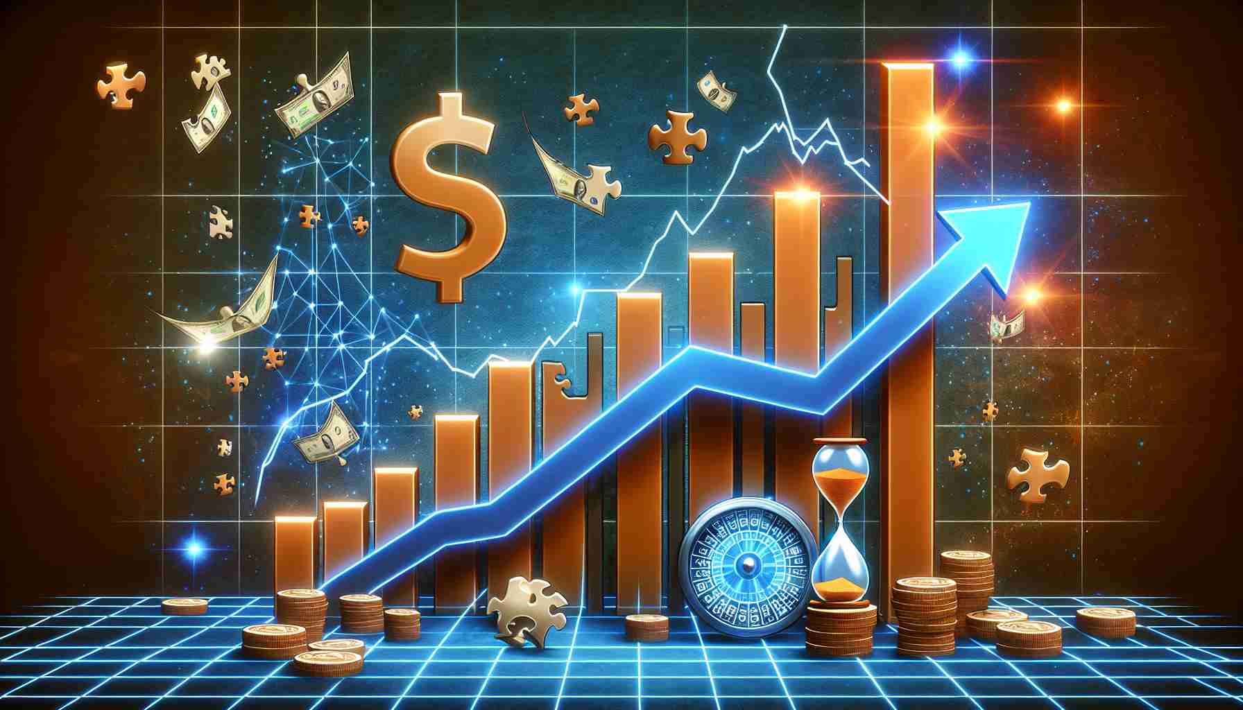 Illustrate a high-definition, realistic image representing the concept of surprising elements in Amazon stock trends. Depict a graph showcasing dramatic increases and decreases, and on this backdrop, subtly incorporate unseen factors like a Jigsaw puzzle piece, an hourglass representing time, and a roulette wheel indicating chance. Make sure to use vivid colors to signify the volatility and unpredictability of stock market trends.