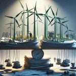 Realistic high-definition image depicting the symbolic representation of an untold story about the ambition of a large Green Energy company. The image should depict the balance between the challenges they face and the scale of their dreams—think large turbines juxtaposed with paperwork and metaphorical hurdles.