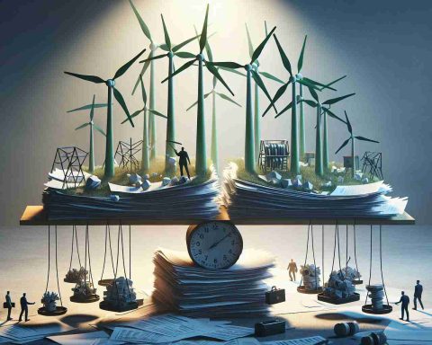 Realistic high-definition image depicting the symbolic representation of an untold story about the ambition of a large Green Energy company. The image should depict the balance between the challenges they face and the scale of their dreams—think large turbines juxtaposed with paperwork and metaphorical hurdles.