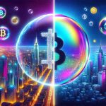 Create a metaphorical representation of the question: 'Cryptocurrency Revolution? Or Just a Bubble?'. On the left side of the image, depict a vibrant and thriving cityscape illuminated with neon lights, with Bitcoin, Ethereum, and other cryptocurrency symbols integrated into the design. On the right side, illustrate a giant bubble, iridescent and beautiful, but thin, fragile, and ready to burst at any moment. Please ensure high resolution and realistic details.