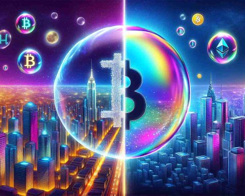 Create a metaphorical representation of the question: 'Cryptocurrency Revolution? Or Just a Bubble?'. On the left side of the image, depict a vibrant and thriving cityscape illuminated with neon lights, with Bitcoin, Ethereum, and other cryptocurrency symbols integrated into the design. On the right side, illustrate a giant bubble, iridescent and beautiful, but thin, fragile, and ready to burst at any moment. Please ensure high resolution and realistic details.