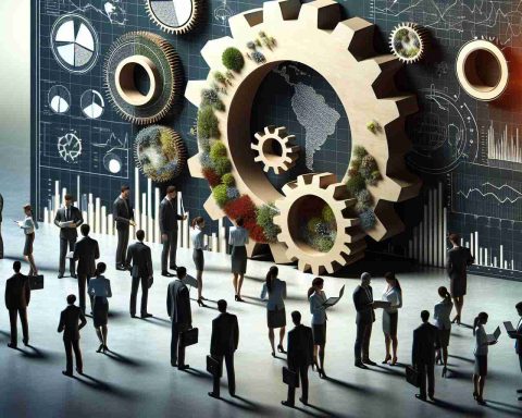 A high-definition, realistic rendering of an abstract concept. The scene should illustrate the shift in investors' interest towards natural resources and energy companies, perhaps by showing various people dressed in business attire, of diversified descents and genders, examining graphs and charts that depict trends in the natural energy sector. The focus is on Naturgy - a conceptual large gear or machine part labeled 'Naturgy,' symbolizing the company, could be in the background. Please avoid creating imagery of specific or real individuals.