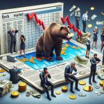 A realistic high-definition illustration depicting the concept of the stock market in a downward spiral. Scene could possibly include items such as a bear symbolizing the bear market, downward trending graphs, stressed investors from various descents and genders checking their screens, stacks of coins or currency falling, and newspaper headlines warning of market dangers. All of these elements encapsulate the inherent risk and warning to investors.