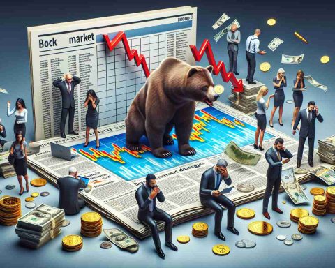 A realistic high-definition illustration depicting the concept of the stock market in a downward spiral. Scene could possibly include items such as a bear symbolizing the bear market, downward trending graphs, stressed investors from various descents and genders checking their screens, stacks of coins or currency falling, and newspaper headlines warning of market dangers. All of these elements encapsulate the inherent risk and warning to investors.