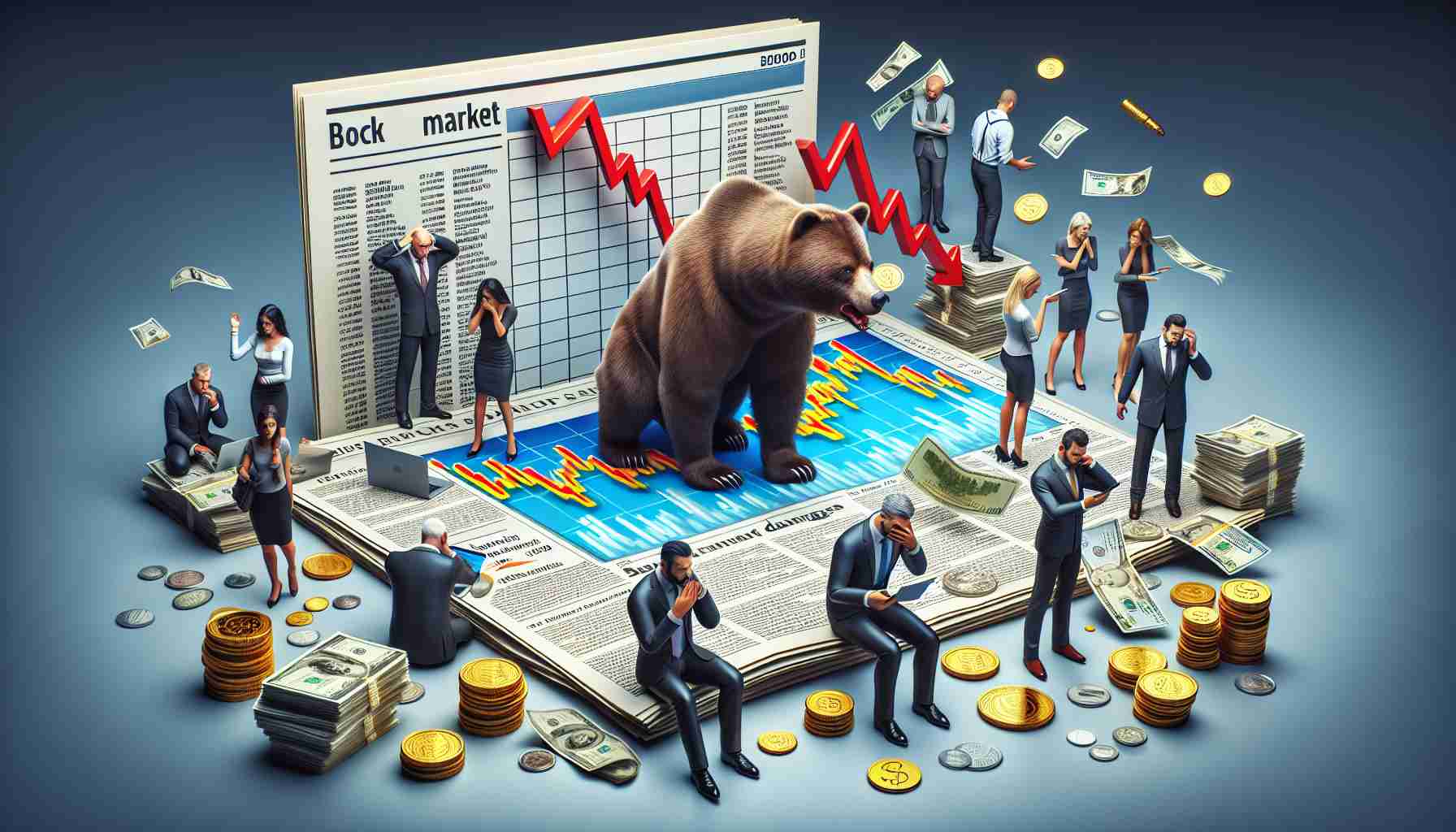 A realistic high-definition illustration depicting the concept of the stock market in a downward spiral. Scene could possibly include items such as a bear symbolizing the bear market, downward trending graphs, stressed investors from various descents and genders checking their screens, stacks of coins or currency falling, and newspaper headlines warning of market dangers. All of these elements encapsulate the inherent risk and warning to investors.