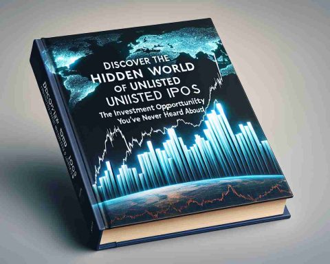 Realistic HD photo of the cover of a hypothetical book titled 'Discover the Hidden World of Unlisted IPOs: The Investment Opportunity You've Never Heard About', featuring an abstract image of rising stock market bar graphs, an uncharted map symbolizing the 'hidden world', and an eye-catching, bold typography.