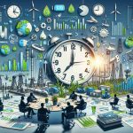 Detailed depiction of a brainstorming session about the future of sustainable investing, with a central focus on natural gas. The scene should contain various financial and environmental charts and graphs demonstrating potential future trends of natural gas. Please include a prominent digital clock ticking away, indicating the urgency and timely nature of the discussion. Also, include various aspects of natural gas production, like drilling rigs and pipelines, together with green energy symbols, like wind turbines and solar panels, to confer an HD realistic effect.