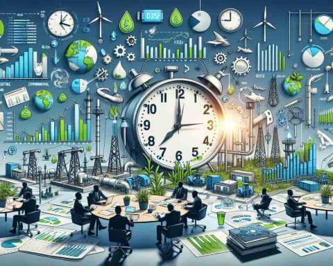 Detailed depiction of a brainstorming session about the future of sustainable investing, with a central focus on natural gas. The scene should contain various financial and environmental charts and graphs demonstrating potential future trends of natural gas. Please include a prominent digital clock ticking away, indicating the urgency and timely nature of the discussion. Also, include various aspects of natural gas production, like drilling rigs and pipelines, together with green energy symbols, like wind turbines and solar panels, to confer an HD realistic effect.