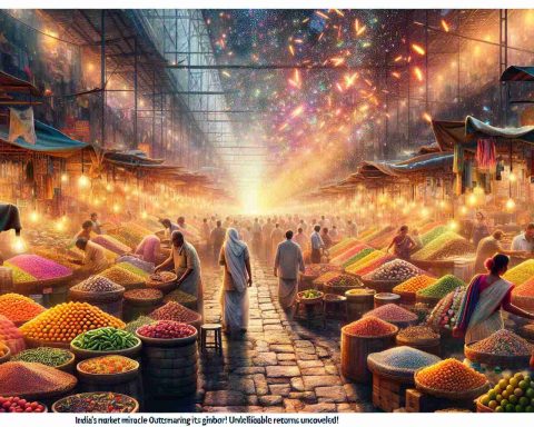 A high-definition, realistic image depicting a bustling market scene in India. The stalls are stocked with an array of vibrant goods, varying from piles of fresh fruits and vegetables to colorful textiles and handmade crafts. The air sparks with energy as buyers and sellers barter with enthusiasm. The market is a symbol of India's thriving economy that experiences remarkable returns, which is juxtaposed against the text overlay 'India's Market Miracle: Outsmarting Its Giant Neighbor! Unbelievable Returns Uncovered'.