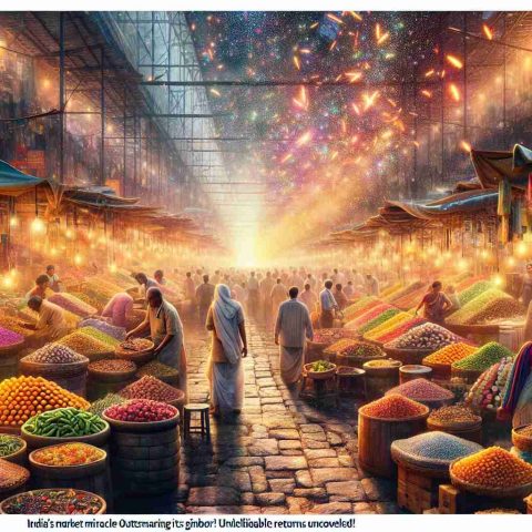 A high-definition, realistic image depicting a bustling market scene in India. The stalls are stocked with an array of vibrant goods, varying from piles of fresh fruits and vegetables to colorful textiles and handmade crafts. The air sparks with energy as buyers and sellers barter with enthusiasm. The market is a symbol of India's thriving economy that experiences remarkable returns, which is juxtaposed against the text overlay 'India's Market Miracle: Outsmarting Its Giant Neighbor! Unbelievable Returns Uncovered'.