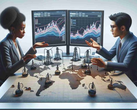 Realistic high-definition image of the concept 'Is Investing in Oil and Gas Still a Smart Move?' depicted as two businesspeople, one female Black executive and one male South Asian executive, sitting across a table. On the table is a detailed map of the world, marked with oil wells and gas pipelines. Each executive has a computer showing charts of oil and gas prices. They show expressions of critical thinking and evaluation, both looking at the fluctuating price graphs.