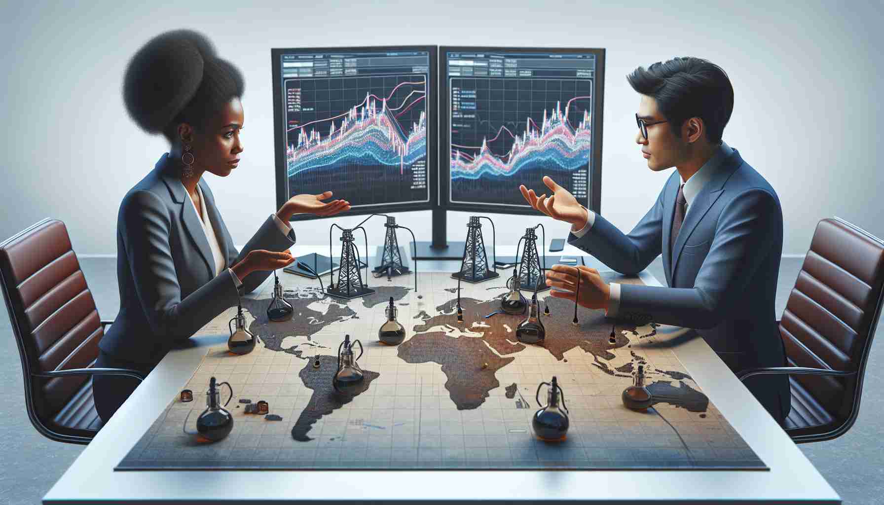 Realistic high-definition image of the concept 'Is Investing in Oil and Gas Still a Smart Move?' depicted as two businesspeople, one female Black executive and one male South Asian executive, sitting across a table. On the table is a detailed map of the world, marked with oil wells and gas pipelines. Each executive has a computer showing charts of oil and gas prices. They show expressions of critical thinking and evaluation, both looking at the fluctuating price graphs.