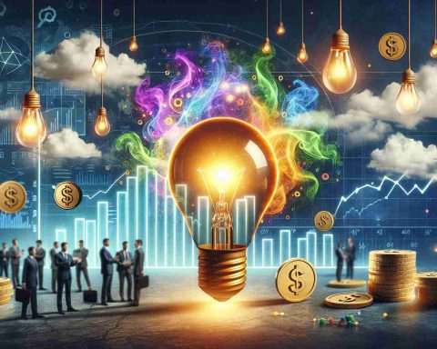 Realistic HD photo depicting the concept of investing in energy companies, representing an ideal time for investors to dive into the energy sector. The scene includes a creative representation of vibrant energy waves emanating from a light bulb (symbolizing NRG Energy) accompanied by symbols of wealth and prosperity such as gold coins, graphs showing positive growth, and people in business suits analyzing the trend.