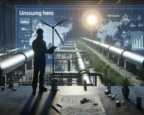 A realistic HD image depicting the concept of an 'Unsung Hero' in the context of midstream energy firms. This could be represented by an anonymous worker diligently maintaining pipelines or infrastructure, symbolizing their contribution to shaping the future. Perhaps the scene could be set in a spacious industrial setting reflecting complexity, with blueprints and maps suggesting long-term planning. The future could be subtly symbolized with renewable energy components integrated subtly within the conventional set-up.