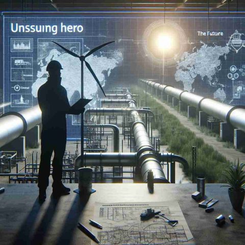 A realistic HD image depicting the concept of an 'Unsung Hero' in the context of midstream energy firms. This could be represented by an anonymous worker diligently maintaining pipelines or infrastructure, symbolizing their contribution to shaping the future. Perhaps the scene could be set in a spacious industrial setting reflecting complexity, with blueprints and maps suggesting long-term planning. The future could be subtly symbolized with renewable energy components integrated subtly within the conventional set-up.