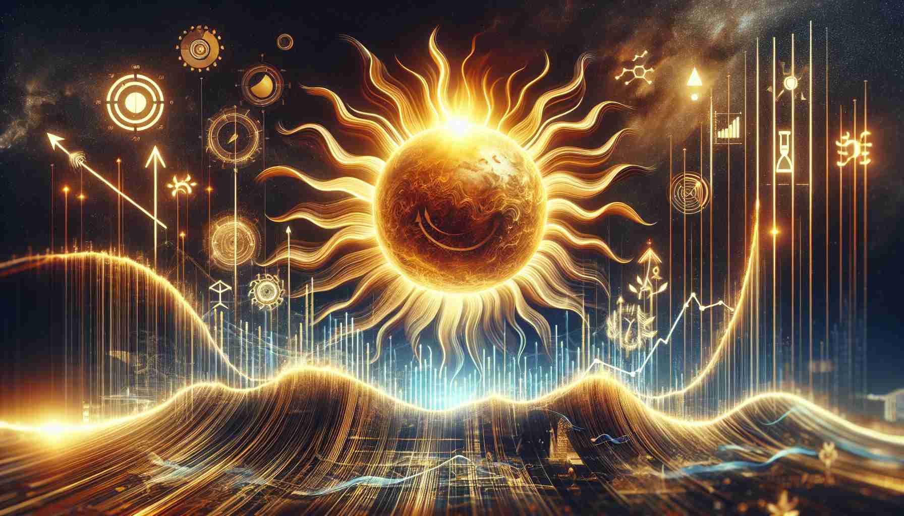 An HD photo illustrating a concept related to the solar energy market. Picture this: a gargantuan representation of the sun with rays emanating from its body, juxtaposed with graphics representing wave motions to symbolize market turbulence. Visual metaphors for investment are present as well, such as upward and downward arrows indicating trend directions, or scales symbolizing risk assessment. Imagine this artistic yet realistic scene illuminated with warm, golden sunlight hues, with the overall tone of the image displaying a sense of anticipation and readiness.