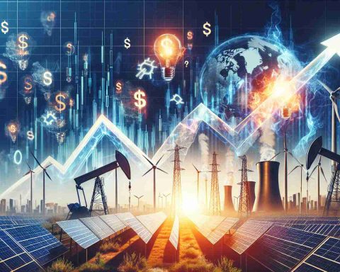 Create a realistic and high-definition image that visualizes the unexpected strategy initiated by a financial advisory firm, which caused a significant shift in the energy industry. This scene should represent a combination of finance and energy sector symbols, such as stocks going up, solar panels, wind turbines, oil derricks with abstract elements denoting surprise or shock.