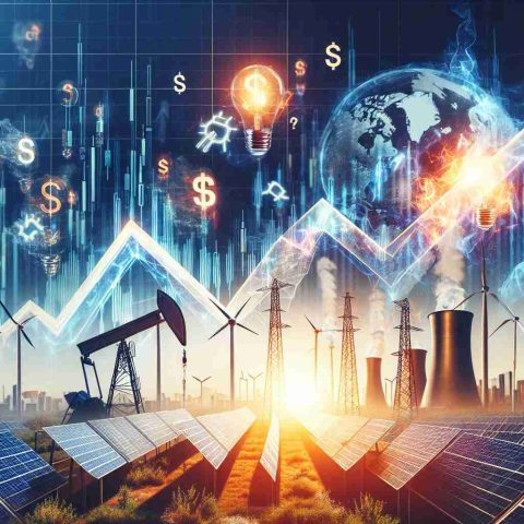 Create a realistic and high-definition image that visualizes the unexpected strategy initiated by a financial advisory firm, which caused a significant shift in the energy industry. This scene should represent a combination of finance and energy sector symbols, such as stocks going up, solar panels, wind turbines, oil derricks with abstract elements denoting surprise or shock.