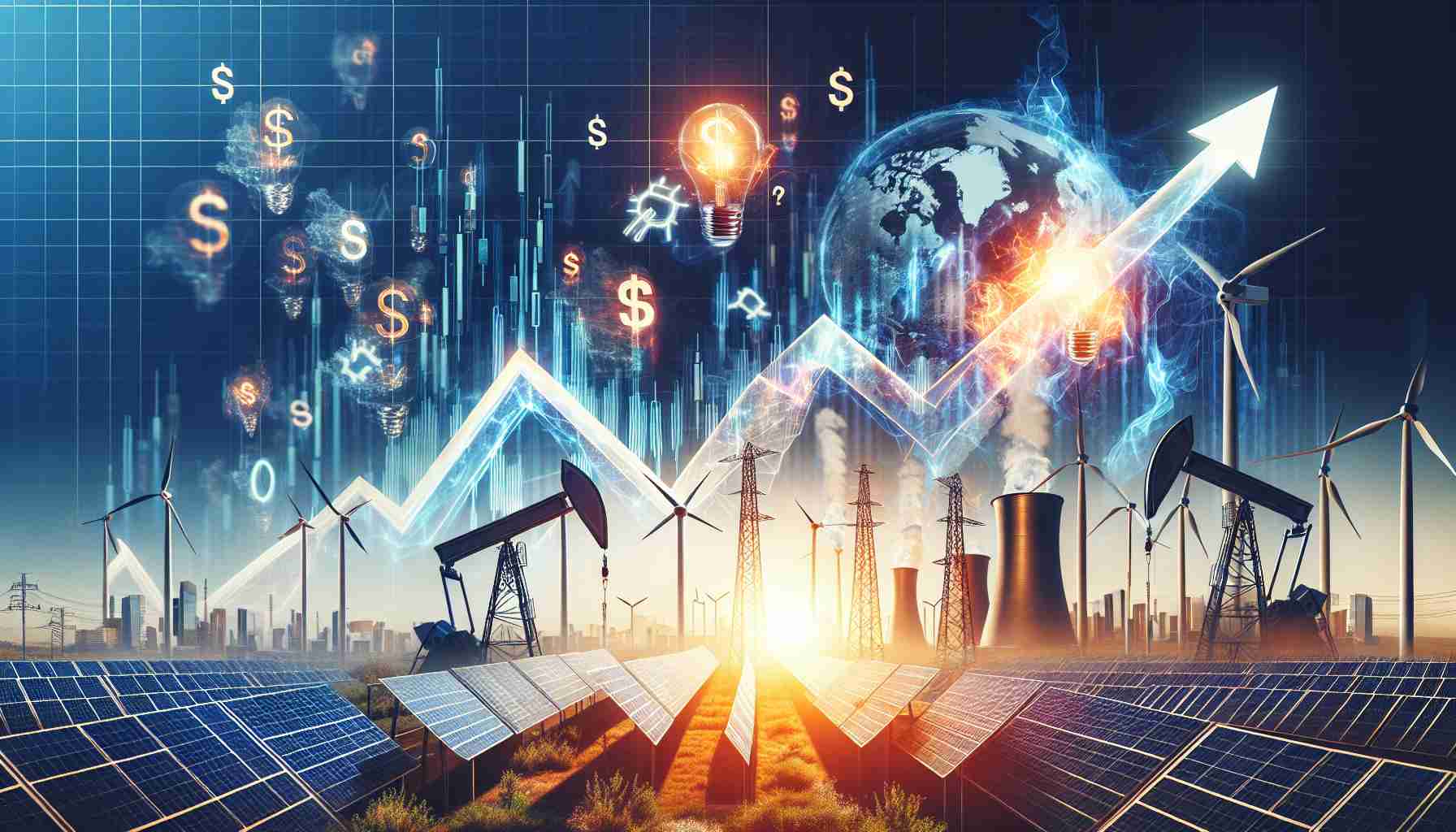 Create a realistic and high-definition image that visualizes the unexpected strategy initiated by a financial advisory firm, which caused a significant shift in the energy industry. This scene should represent a combination of finance and energy sector symbols, such as stocks going up, solar panels, wind turbines, oil derricks with abstract elements denoting surprise or shock.