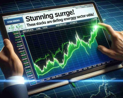 Render an HD, hyper-realistic visual of a financial stock market graph showing a remarkable and unexpected surge in prices. Below the graph, add text that reads 'Stunning Surge! These Stocks Are Defying Energy Sector Odds'. Illustrate the energy sector stocks as green lines on the graph, to signify their strong performance despite market trends to the contrary.