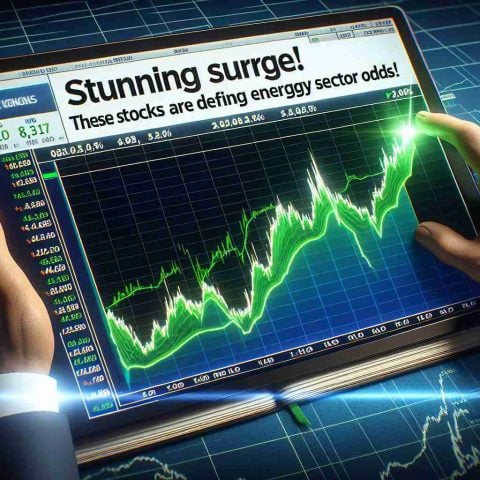 Render an HD, hyper-realistic visual of a financial stock market graph showing a remarkable and unexpected surge in prices. Below the graph, add text that reads 'Stunning Surge! These Stocks Are Defying Energy Sector Odds'. Illustrate the energy sector stocks as green lines on the graph, to signify their strong performance despite market trends to the contrary.