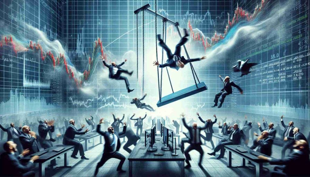 Generate a realistic, high-definition image of a stock market drama that's causing quite a stir on Wall Street. The moment captured should show intensity, suspense, and surprise, representing the unexpected or shocking twists and turns that can occur in the financial world. This is not a literal swing, but a metaphorical representation of a stock's wild and unpredictable fluctuations. To illustrate this, include imagery such as digital stock tickers, graphs showing sharp rise and fall, frantic traders, and perhaps even a symbolic pendulum or seesaw to depict the 'swing'.