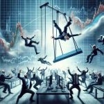 Generate a realistic, high-definition image of a stock market drama that's causing quite a stir on Wall Street. The moment captured should show intensity, suspense, and surprise, representing the unexpected or shocking twists and turns that can occur in the financial world. This is not a literal swing, but a metaphorical representation of a stock's wild and unpredictable fluctuations. To illustrate this, include imagery such as digital stock tickers, graphs showing sharp rise and fall, frantic traders, and perhaps even a symbolic pendulum or seesaw to depict the 'swing'.