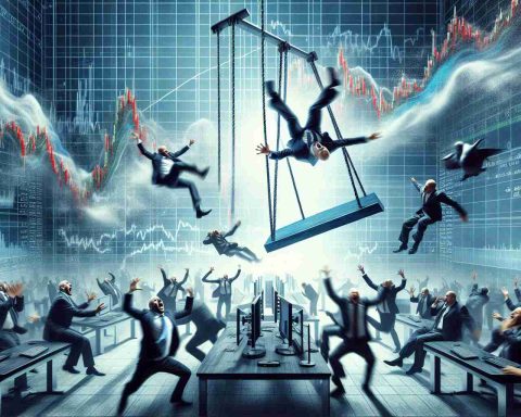 Generate a realistic, high-definition image of a stock market drama that's causing quite a stir on Wall Street. The moment captured should show intensity, suspense, and surprise, representing the unexpected or shocking twists and turns that can occur in the financial world. This is not a literal swing, but a metaphorical representation of a stock's wild and unpredictable fluctuations. To illustrate this, include imagery such as digital stock tickers, graphs showing sharp rise and fall, frantic traders, and perhaps even a symbolic pendulum or seesaw to depict the 'swing'.