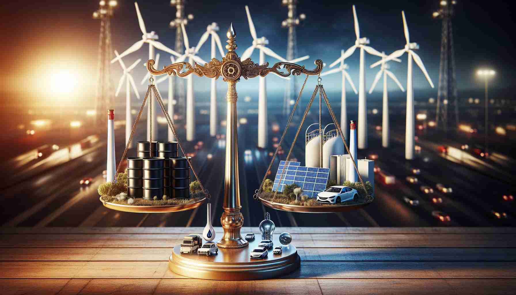 An ultra high-definition image presenting a concept of future energy investments. The scene includes a pair of balance scales. On one side, there are barrels of oil and natural gas facilities indicating traditional energy sources. On the other side, there are models of wind turbines, solar panels, and electric cars showing renewable energy sources. The scales are in perfect balance, suggesting the ongoing debate and uncertainty over the future of energy investments.