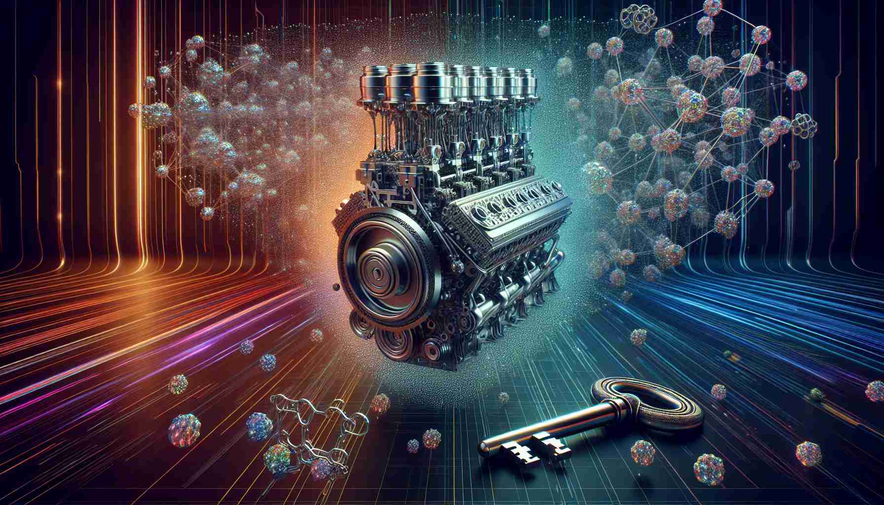 A high-definition, realistic representation of the concept 'Unlocking the Future with Quantum Power.' The image would highlight the scientific principle of entanglement being used in engines. Envision an engine at the center, composed of intricate, shimmering quantum particles. Dispersed around the engine are illustrations of entangled particles, symbolic of the quantum state. Perhaps, there is a key nearby signifying the 'unlocking'. The backdrop would be futuristic, with lines and shapes representing high tech and innovation. Color gradients represent the transition from the current state to the future with quantum power.