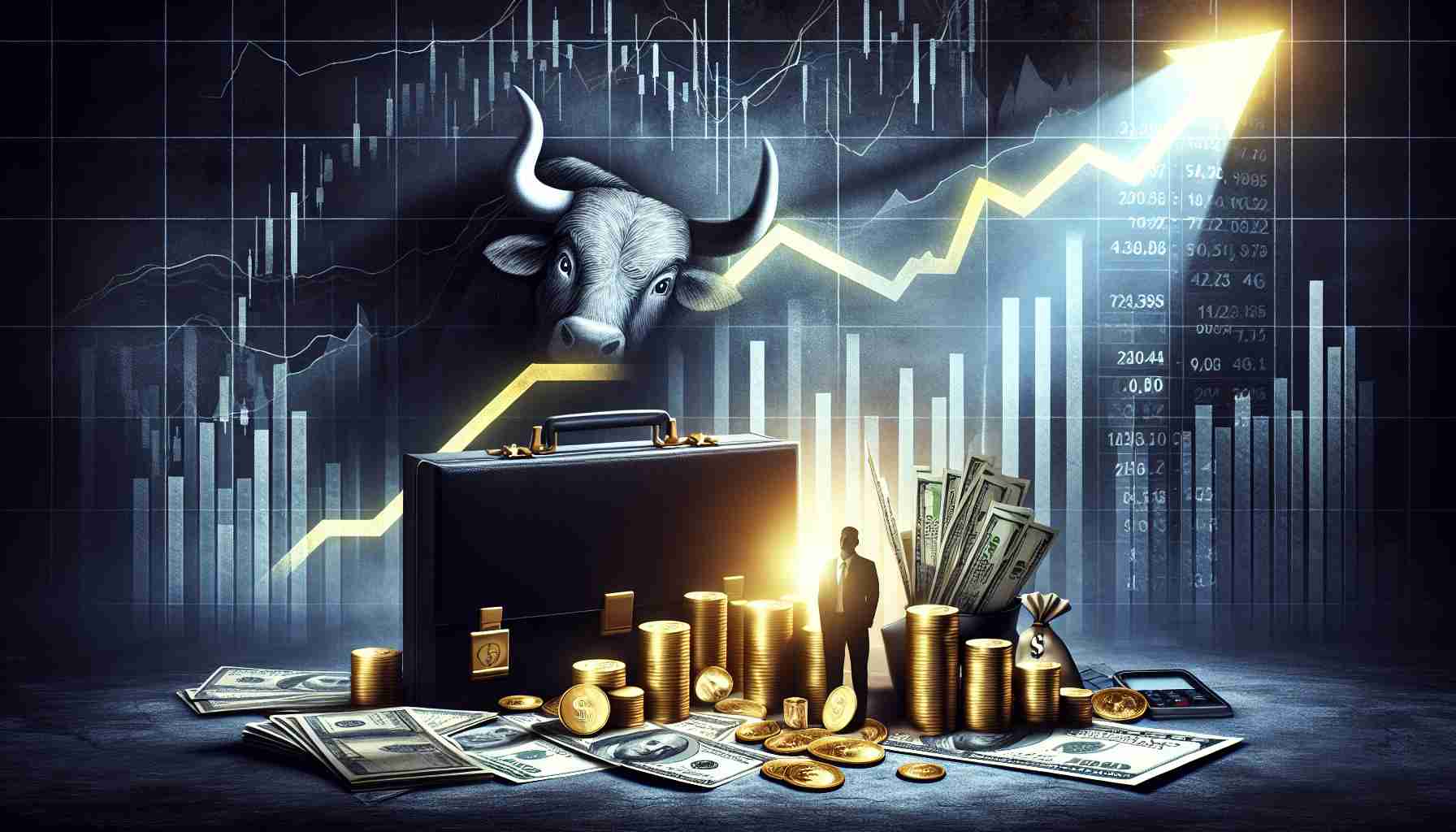 A detailed, high-definition image encapsulating the theme of a surprise surge in earnings or profits. The concept is represented by a stock market graph with a sharp upward trend denoting the increase in profits, complemented by symbols of economic growth such as gold coins, dollar bills, a briefcase filled with money, and a bull symbolizing bull markets. There's an air of mystery represented by a dimly lit background and mysterious shadows. Bear in mind that this concept does not correspond to a certain event or individual but is a general representation of a mysterious surge in earnings.