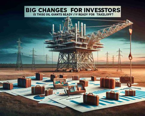 An ultra high-definition photo featuring a physical representation of a large-scale transformation concept for investors. A gigantic oil rig in an open field is shown in the process of being lifted off the ground, symbolizing an oil company's possible boost. The scene is complete with an evening sky in the background and symbolic financial elements scattered throughout the scene, like graphs, charts, suitcases filled with investment papers. The words 'Big Changes for Investors! Is This Oil Giant Ready for Takeoff?' can be seen in bold letters at the top of the representation.