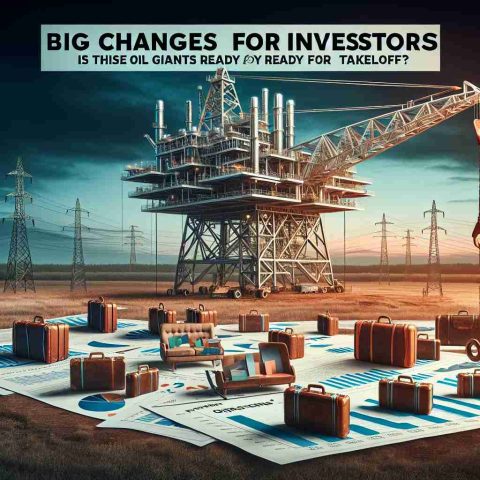 An ultra high-definition photo featuring a physical representation of a large-scale transformation concept for investors. A gigantic oil rig in an open field is shown in the process of being lifted off the ground, symbolizing an oil company's possible boost. The scene is complete with an evening sky in the background and symbolic financial elements scattered throughout the scene, like graphs, charts, suitcases filled with investment papers. The words 'Big Changes for Investors! Is This Oil Giant Ready for Takeoff?' can be seen in bold letters at the top of the representation.