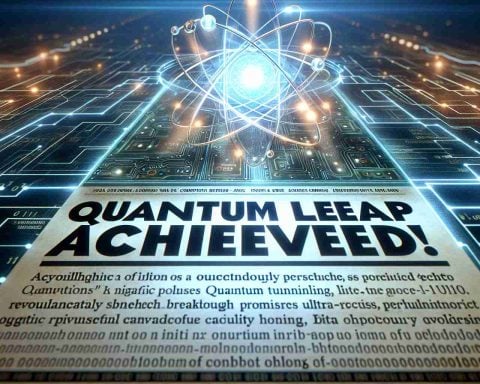 A realistic high-definition image of a symbolic representation of a quantum leap being achieved. The focus should be a scientific event that promises a significant advancement in computing. Use symbols and imagery associated with quantum physics, like an atom or quantum tunneling, and advancement in technology, like circuit board, binary code, digital networks. Also include a bold headline saying 'Quantum Leap Achieved! Revolutionary Breakthrough Promises Ultra-Precise Computing.' The overall feel of the image should be futuristic, exciting, and revolutionary.