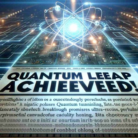 A realistic high-definition image of a symbolic representation of a quantum leap being achieved. The focus should be a scientific event that promises a significant advancement in computing. Use symbols and imagery associated with quantum physics, like an atom or quantum tunneling, and advancement in technology, like circuit board, binary code, digital networks. Also include a bold headline saying 'Quantum Leap Achieved! Revolutionary Breakthrough Promises Ultra-Precise Computing.' The overall feel of the image should be futuristic, exciting, and revolutionary.