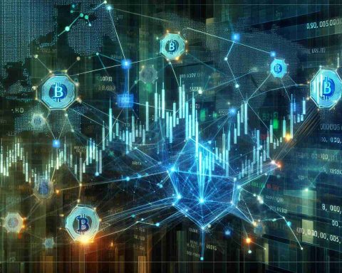 High-definition, realistic image of a conceptual depiction showing the decentralization of stocks. Illustrate a traditional stock market graph morphing into a distributed, node-based network, symbolizing the role of blockchain technology in finance. Include diverse shades of blues and greens, with complex data patterns overlaid as an indication of cryptocurrency taking a new turn.