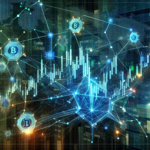 High-definition, realistic image of a conceptual depiction showing the decentralization of stocks. Illustrate a traditional stock market graph morphing into a distributed, node-based network, symbolizing the role of blockchain technology in finance. Include diverse shades of blues and greens, with complex data patterns overlaid as an indication of cryptocurrency taking a new turn.