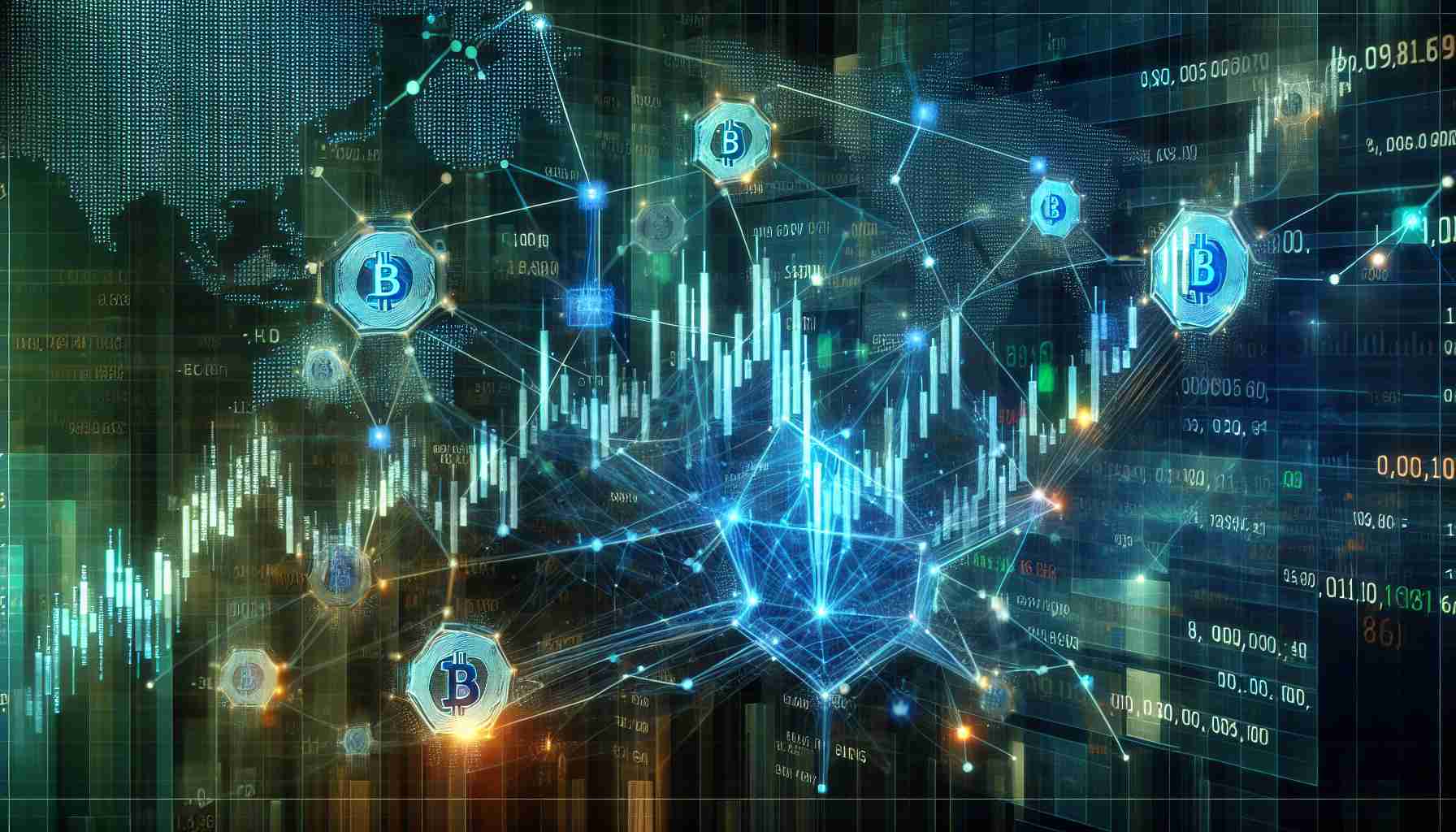 High-definition, realistic image of a conceptual depiction showing the decentralization of stocks. Illustrate a traditional stock market graph morphing into a distributed, node-based network, symbolizing the role of blockchain technology in finance. Include diverse shades of blues and greens, with complex data patterns overlaid as an indication of cryptocurrency taking a new turn.