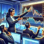 A high-definition, realistic illustration depicting a corporate event at a business called QuantumScape. The image features the Chief Financial Officer, a South Asian woman, initiating a major change in stock holdings. A computer screen displays fluctuating stock graphs, and people react with surprised expressions as they look at the rising and falling stock prices.