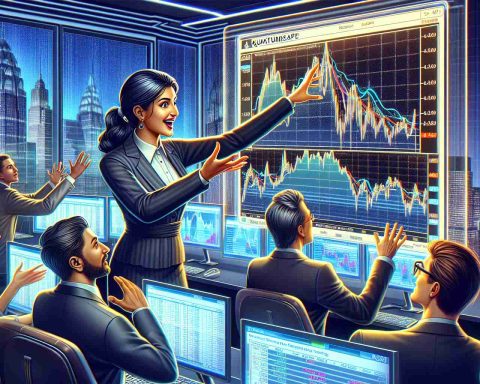 A high-definition, realistic illustration depicting a corporate event at a business called QuantumScape. The image features the Chief Financial Officer, a South Asian woman, initiating a major change in stock holdings. A computer screen displays fluctuating stock graphs, and people react with surprised expressions as they look at the rising and falling stock prices.