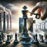 Realistic high-definition image of a large energy company making a crucial decision, marking a potential end to a volatile period. The image should depict the concept of struggle ending and a key move being made, which could be metaphoric in the form of a big chess piece making a decisive move, a safe or vault being unlocked, a light at the end of a tunnel, or a key turning in a lock, all set against the backdrop of an industrial setting with emission stacks, windmills or solar panels.