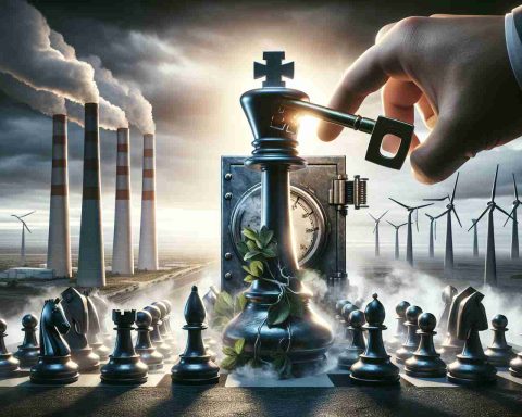 Realistic high-definition image of a large energy company making a crucial decision, marking a potential end to a volatile period. The image should depict the concept of struggle ending and a key move being made, which could be metaphoric in the form of a big chess piece making a decisive move, a safe or vault being unlocked, a light at the end of a tunnel, or a key turning in a lock, all set against the backdrop of an industrial setting with emission stacks, windmills or solar panels.