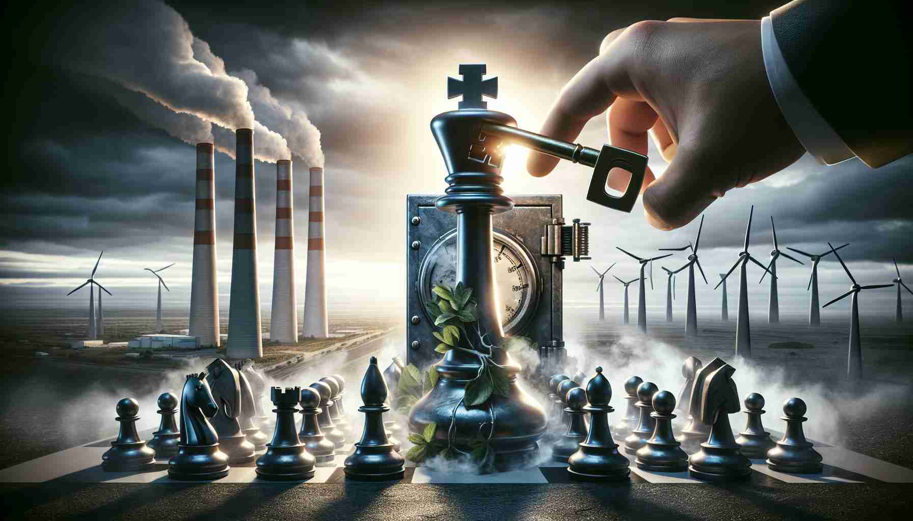 Realistic high-definition image of a large energy company making a crucial decision, marking a potential end to a volatile period. The image should depict the concept of struggle ending and a key move being made, which could be metaphoric in the form of a big chess piece making a decisive move, a safe or vault being unlocked, a light at the end of a tunnel, or a key turning in a lock, all set against the backdrop of an industrial setting with emission stacks, windmills or solar panels.