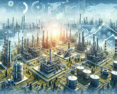 Visual representation of the surge in natural gas investment in 2023. Picture a landscape filled with natural gas infrastructure like pipelines, storage facilities, and processing plants, with a backdrop of finance-related symbols like charts and graphs indicative of growth. Elements should be arranged harmoniously to portray the concept of the heating up of the investment landscape. The pictorial representation should be in high-resolution and photorealistic style.