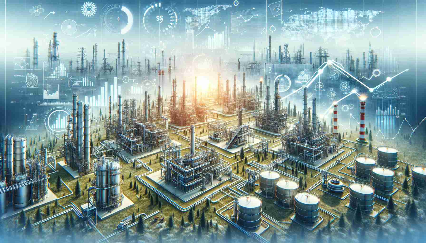 Visual representation of the surge in natural gas investment in 2023. Picture a landscape filled with natural gas infrastructure like pipelines, storage facilities, and processing plants, with a backdrop of finance-related symbols like charts and graphs indicative of growth. Elements should be arranged harmoniously to portray the concept of the heating up of the investment landscape. The pictorial representation should be in high-resolution and photorealistic style.