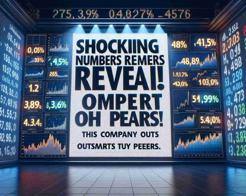 A high-definition, realistic image displaying the headline 'Shocking Numbers Reveal! This Company Outsmarts Its Peers.' in bold, eye-catching letters. The background should be a stock market board with various numbers and graphs showing dramatic improvement over comparative companies. The graphic and numbers should be designed in a way that visually represents dramatically superior performance.