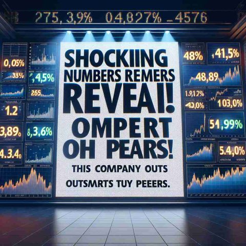 A high-definition, realistic image displaying the headline 'Shocking Numbers Reveal! This Company Outsmarts Its Peers.' in bold, eye-catching letters. The background should be a stock market board with various numbers and graphs showing dramatic improvement over comparative companies. The graphic and numbers should be designed in a way that visually represents dramatically superior performance.