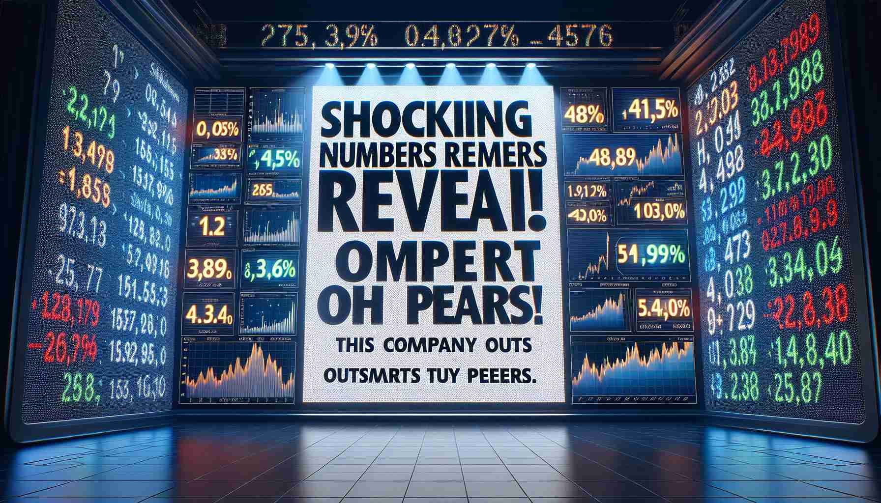 A high-definition, realistic image displaying the headline 'Shocking Numbers Reveal! This Company Outsmarts Its Peers.' in bold, eye-catching letters. The background should be a stock market board with various numbers and graphs showing dramatic improvement over comparative companies. The graphic and numbers should be designed in a way that visually represents dramatically superior performance.